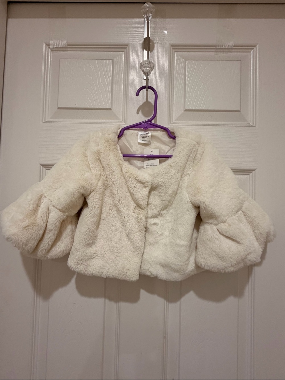 Girls' Cream Faux Fur Dressy Jacket with Puff Sleeves